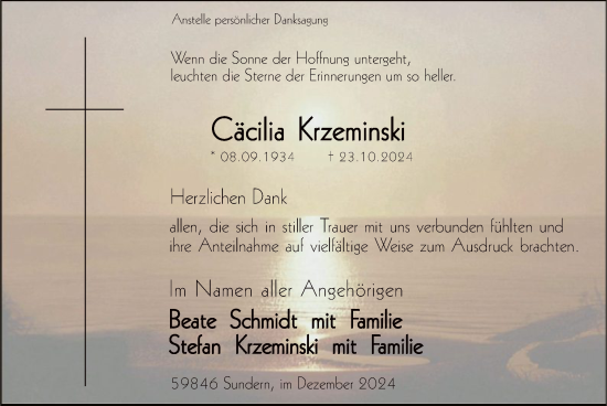 Todesanzeige von Cäcilia Krzeminski von WA