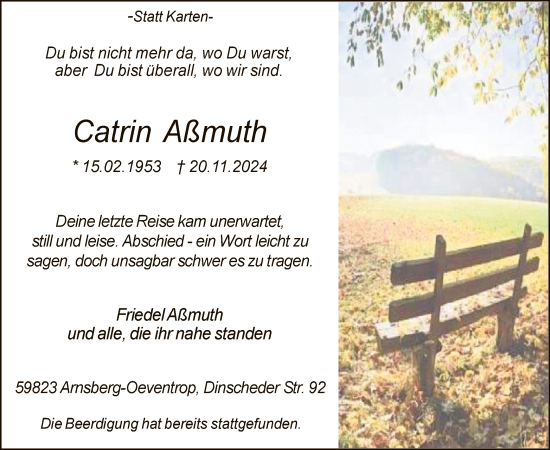 Todesanzeige von Catrin Aßmuth von WA