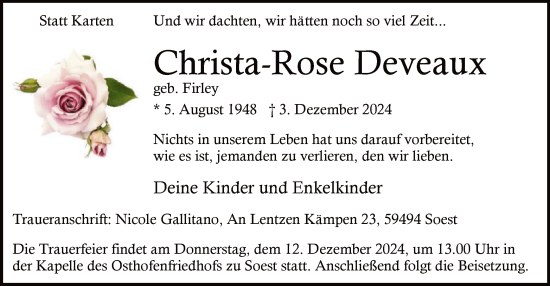 Todesanzeige von Christa-Rose Deveaux von WA