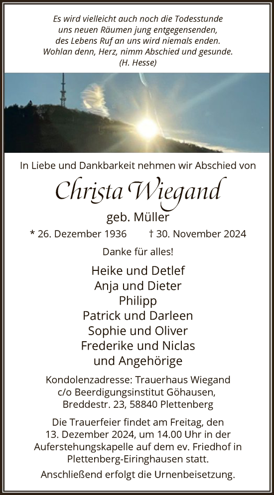 Todesanzeige von Christa Wiegand von WA