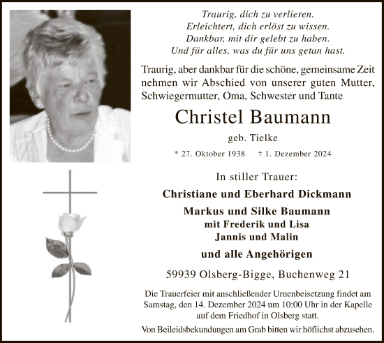Todesanzeige von Christel Baumann von WA