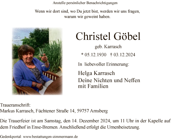 Todesanzeige von Christel Göbel von WA
