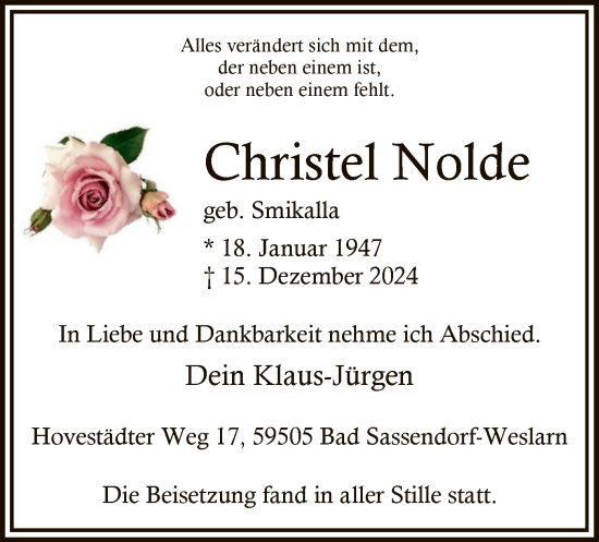 Todesanzeige von Christel Nolde von WA