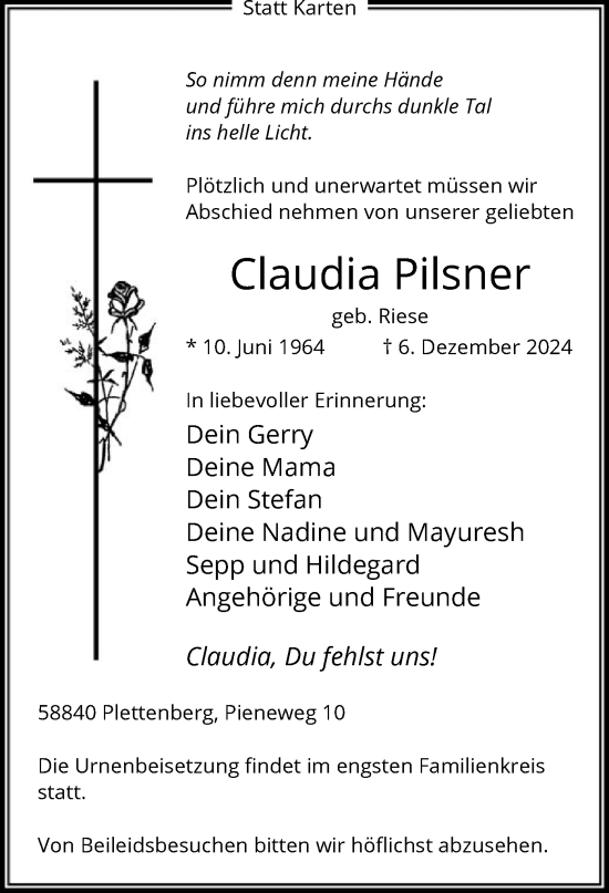 Todesanzeige von Claudia Pilsner von WA