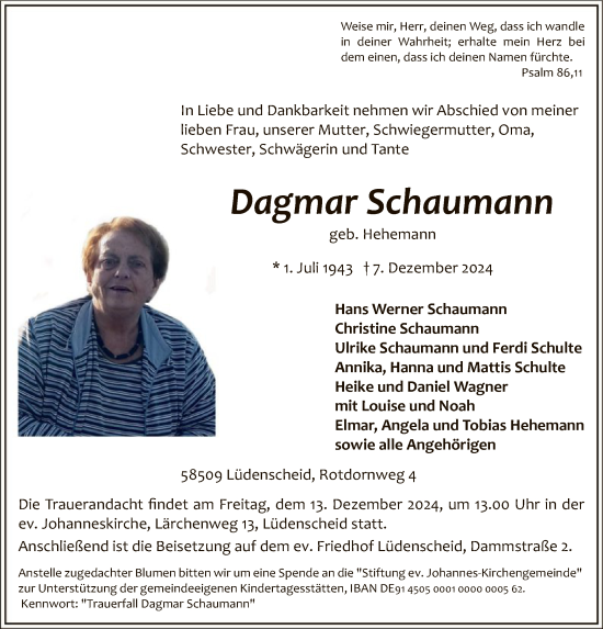 Todesanzeige von Dagmar Schaumann von WA