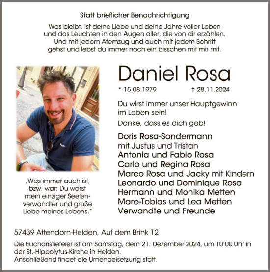 Todesanzeige von Daniel Rosa von WA