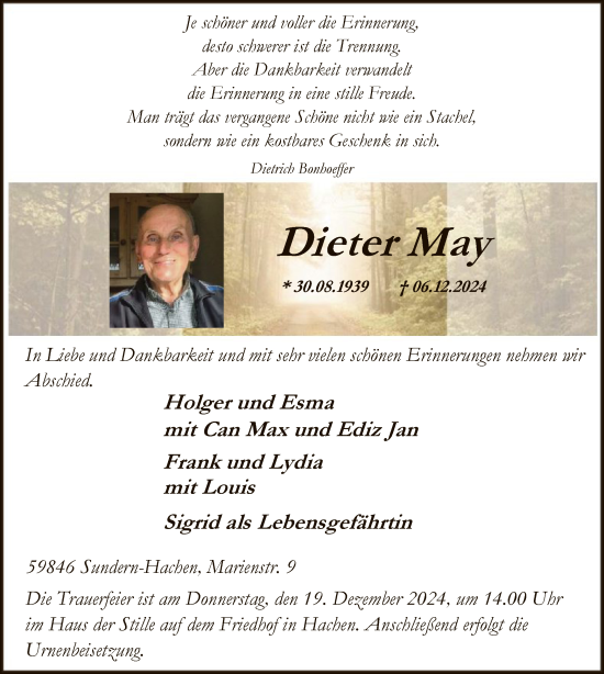 Todesanzeige von Dieter May von WA