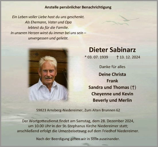 Todesanzeige von Dieter Sabinarz von WA