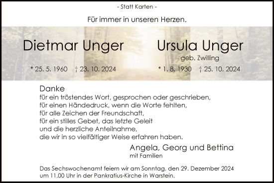 Todesanzeige von Dietmar und Ursula Unger von WA