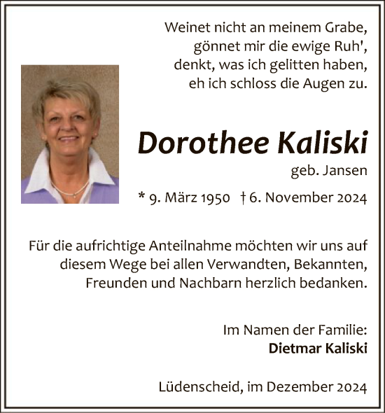 Todesanzeige von Dorothee Kaliski von WA