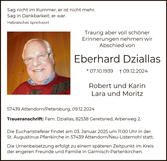 Todesanzeige von Eberhard Dziallas von WA