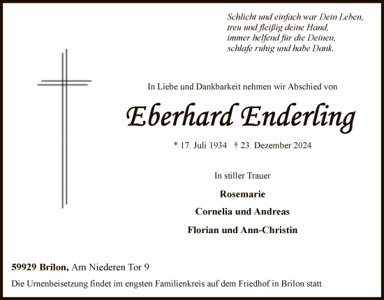 Todesanzeige von Eberhard Enderling von WA