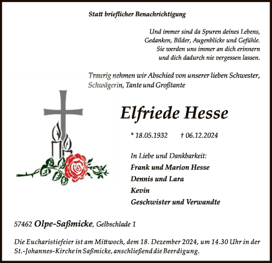 Todesanzeige von Elfriede Hesse von WA