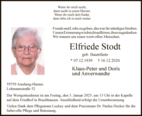 Todesanzeige von Elfriede Stodt von WA