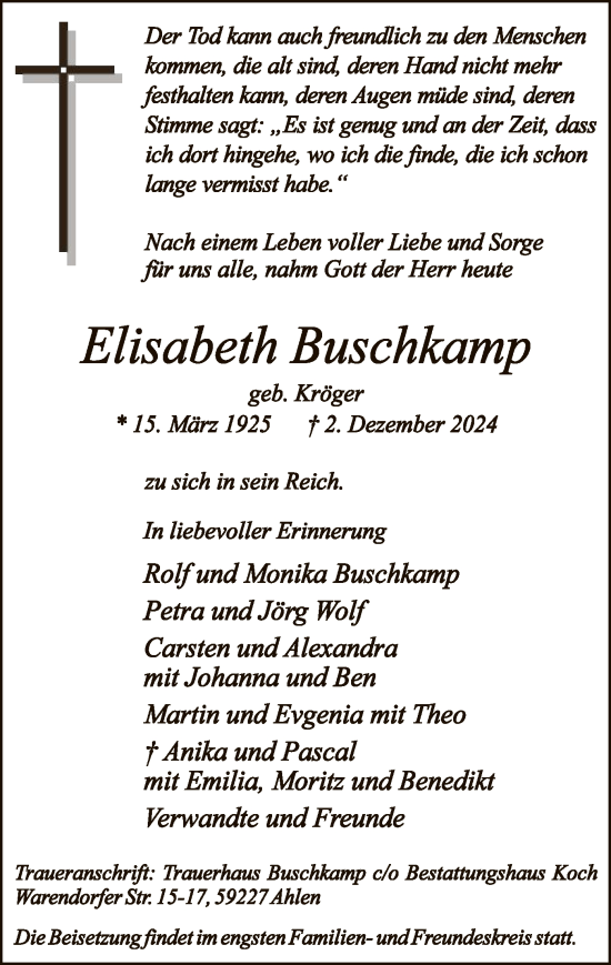 Todesanzeige von Elisabeth Buschkamp von WA
