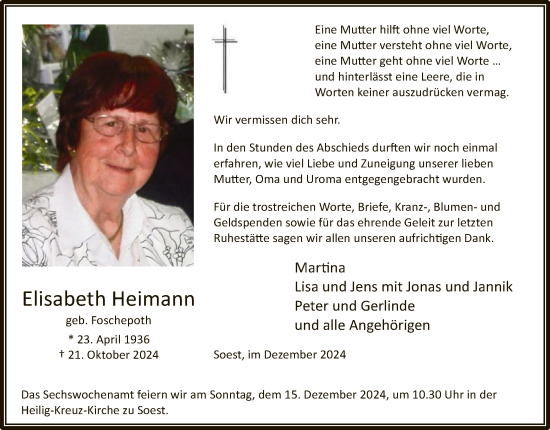 Todesanzeige von Elisabeth Heimann von WA