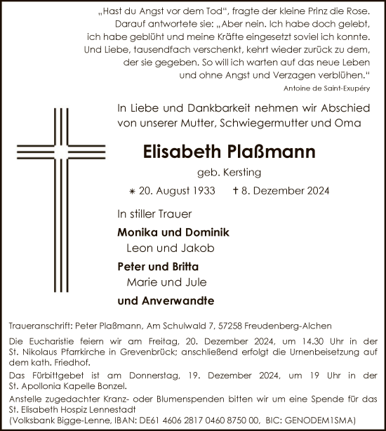 Todesanzeige von Elisabeth Plaßmann von WA
