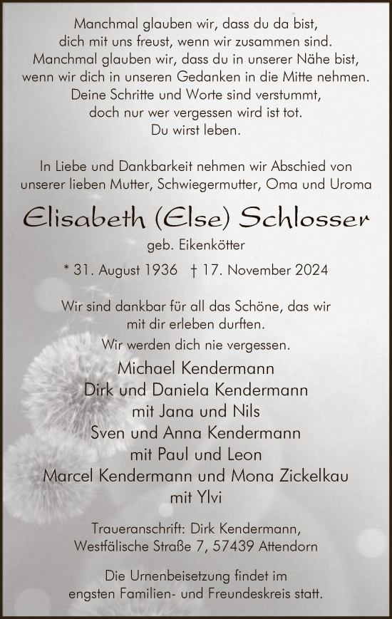 Todesanzeige von Elisabeth Schlosser von WA