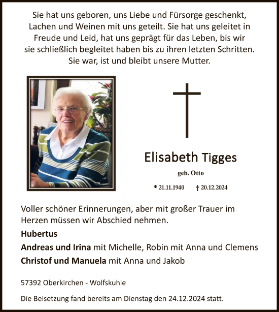 Todesanzeige von Elisabeth Tigges von WA