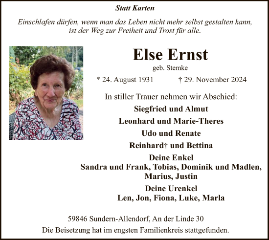 Todesanzeige von Else Ernst von WA