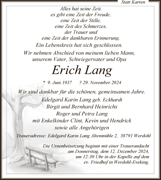 Todesanzeige von Erich Lang von WA