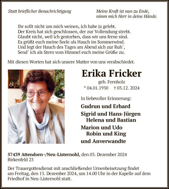 Todesanzeige von Erika Fricker von WA
