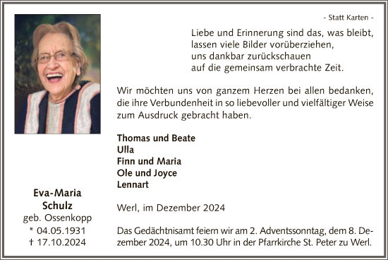 Todesanzeige von Eva-Maria Schulz von WA