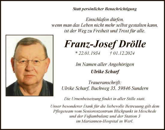Todesanzeige von Franz-Josef Drölle von WA