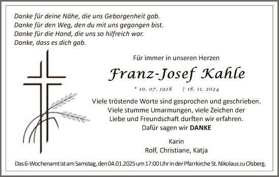 Todesanzeige von Franz-Josef Kahle von WA