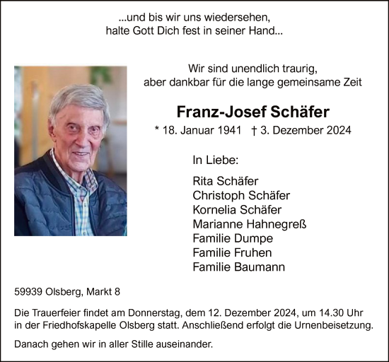 Todesanzeige von Franz-Josef Schäfer von WA