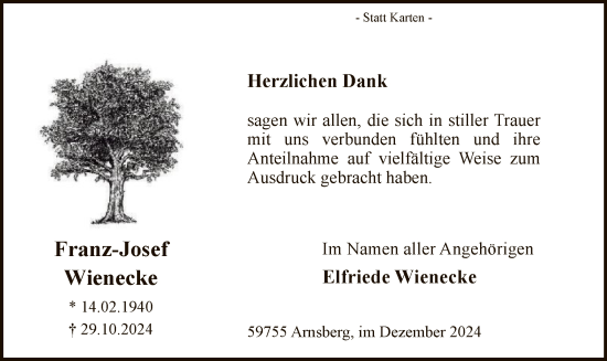 Todesanzeige von Franz-Josef Wienecke von WA