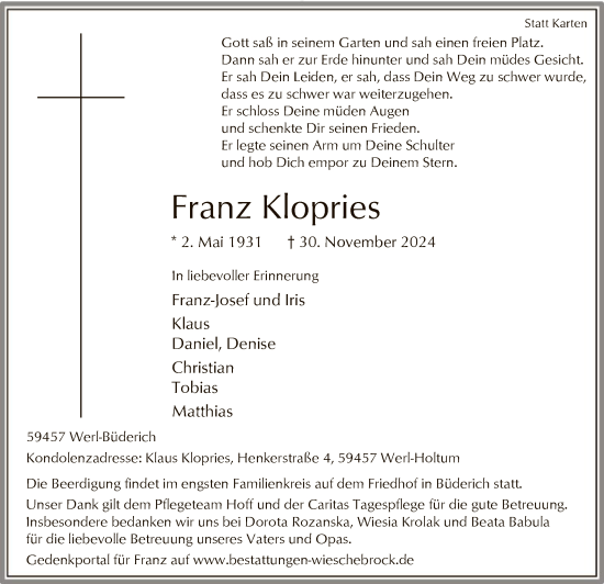 Todesanzeige von Franz Klopries von WA