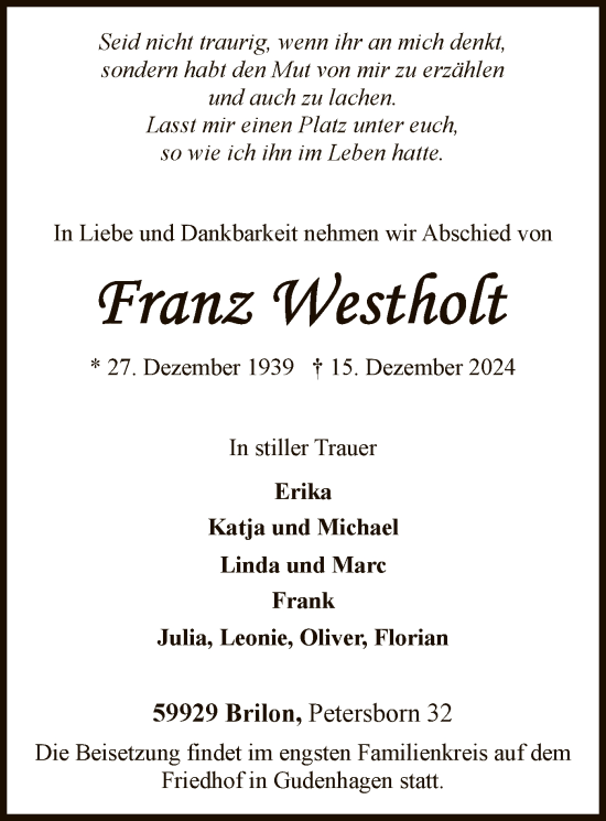Todesanzeige von Franz Westholt von WA