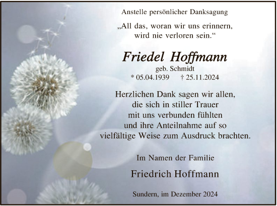 Todesanzeige von Friedel Hoffmann von WA