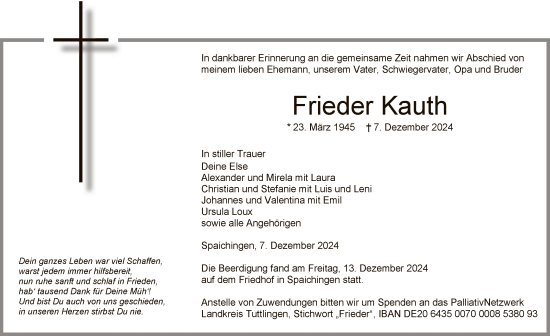 Todesanzeige von Frieder Kauth von WA