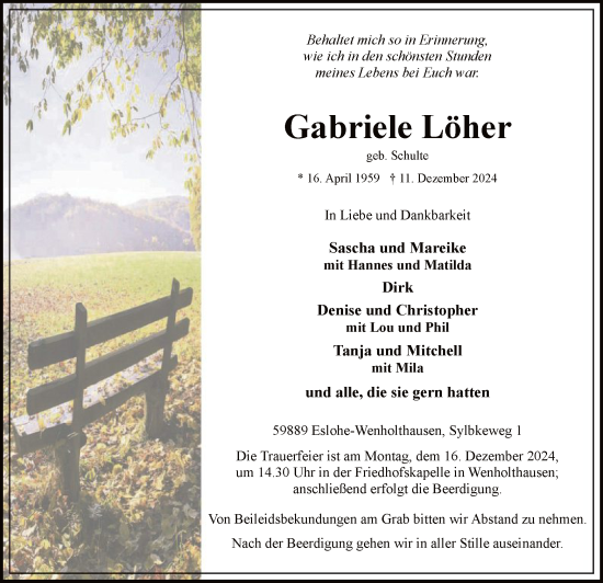 Todesanzeige von Gabriele Löher von WA