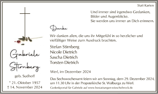 Todesanzeige von Gabriele Stirnberg von WA