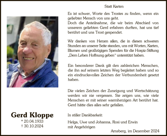 Todesanzeige von Gerd Kloppe von WA