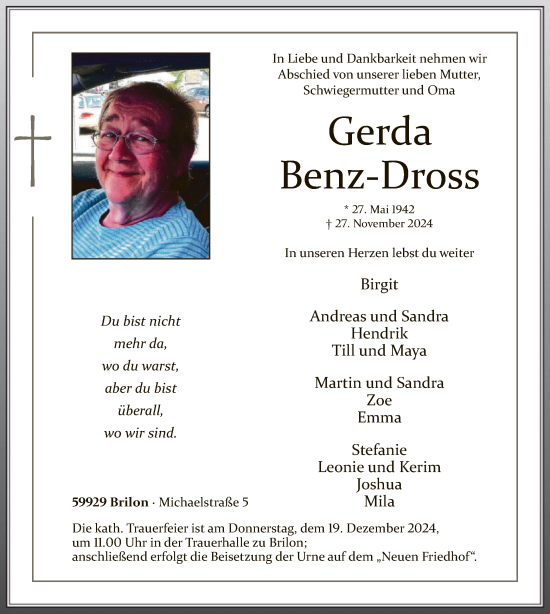Todesanzeige von Gerda Benz-Dross von WA
