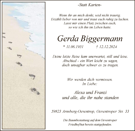Todesanzeige von Gerda Biggermann von WA