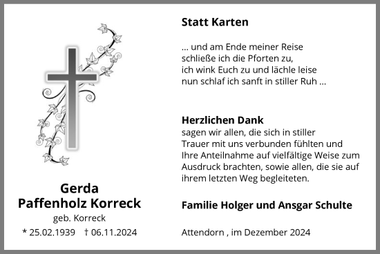 Todesanzeige von Gerda Paffenholz Korreck von WA