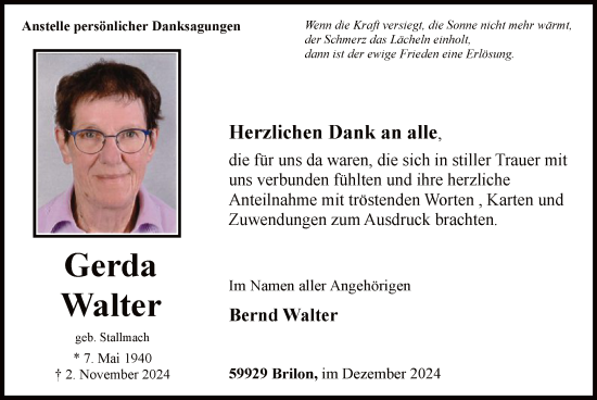 Todesanzeige von Gerda Walter von WA
