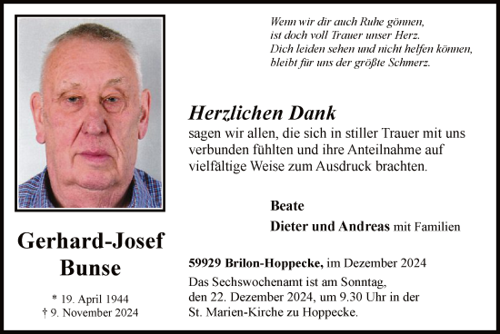 Todesanzeige von Gerhard-Josef Bunse von WA