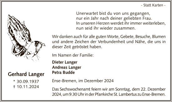 Todesanzeige von Gerhard Langer von WA