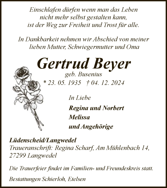 Todesanzeige von Gertrud Beyer von WA