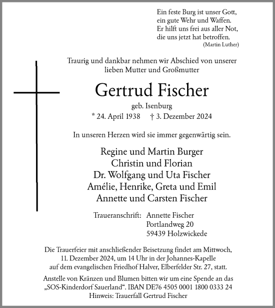 Todesanzeige von Gertrud Fischer von WA