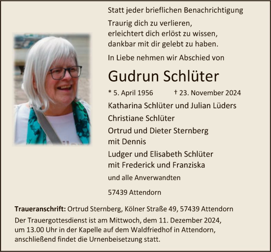 Todesanzeige von Gudrun Schlüter von WA