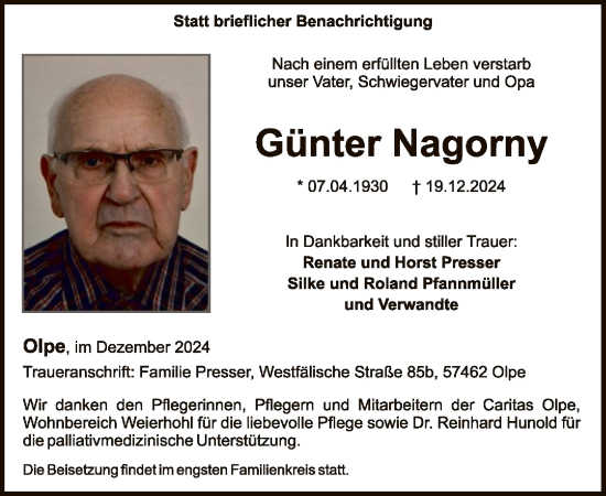 Todesanzeige von Günter Nagorny von WA
