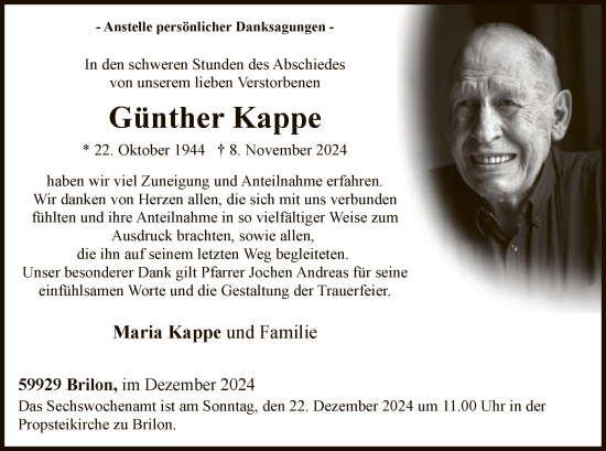 Todesanzeige von Günther Kappe von WA