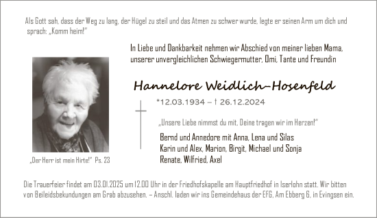 Todesanzeige von Hannelore Weidlich-Hosenfeld von WA